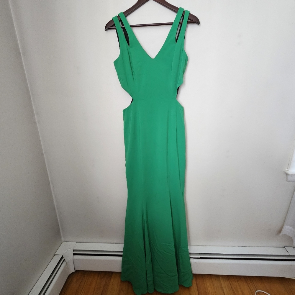 JAYGODFREY Vibrant Green V-Neck Maxi Dress Gown Sleeveless Cutouts Womens 4